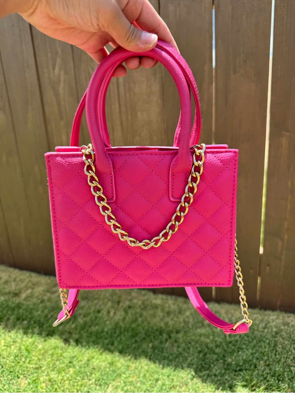 Hot Pink Quilted Tote Bag with Gold Chain Details